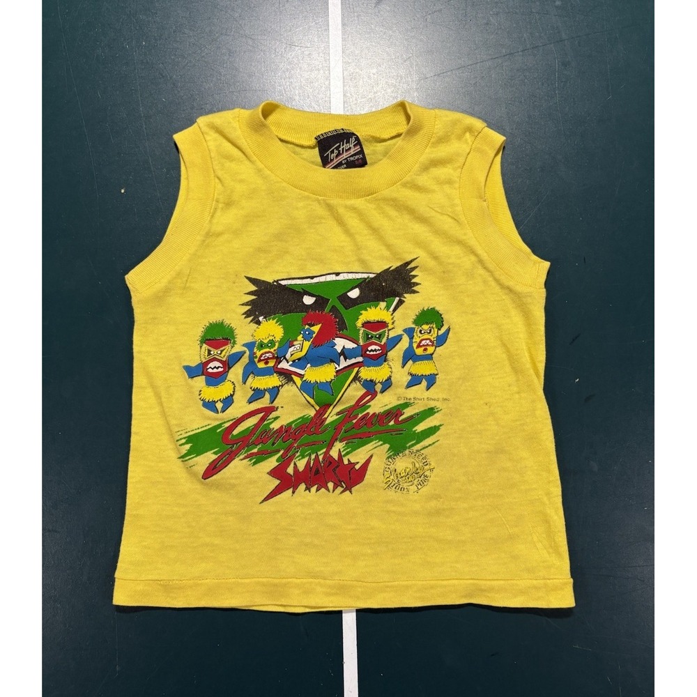 Vintage 70s 80s Tank Top T Shirt Surf Beach Shark Tribal Kids Youth Boys 5/6 Old